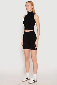 Womens Seamless Rib Knit Mock Neck Tank Top and Biker Shorts, L