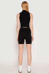 Womens Seamless Rib Knit Mock Neck Tank Top and Biker Shorts, Black, Size L