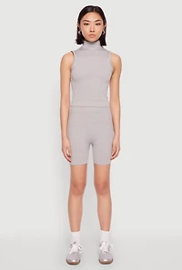 Seamless Rib Knit Mock Neck Tank Top and Biker Shorts