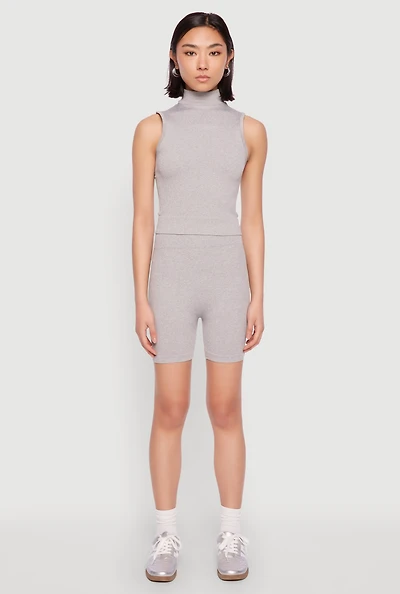 Seamless Rib Knit Mock Neck Tank Top and Biker Shorts