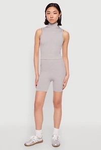 Seamless Rib Knit Mock Neck Tank Top and Biker Shorts