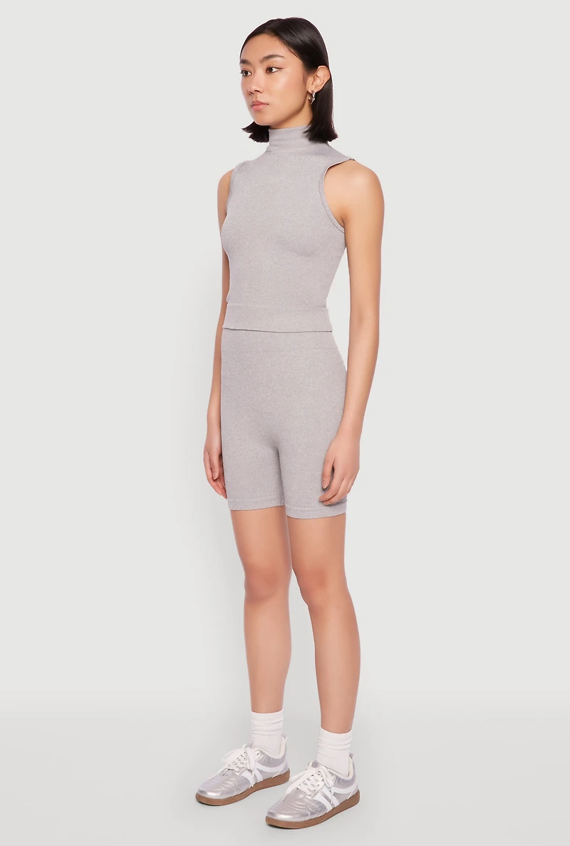 Seamless Rib Knit Mock Neck Tank Top and Biker Shorts