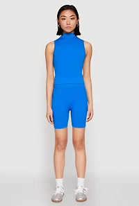 Seamless Rib Knit Mock Neck Tank Top and Biker Shorts