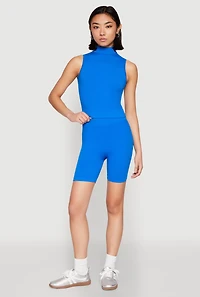 Womens Seamless Rib Knit Mock Neck Tank Top and Biker Shorts,