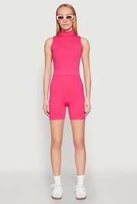Seamless Rib Knit Mock Neck Tank Top and Biker Shorts