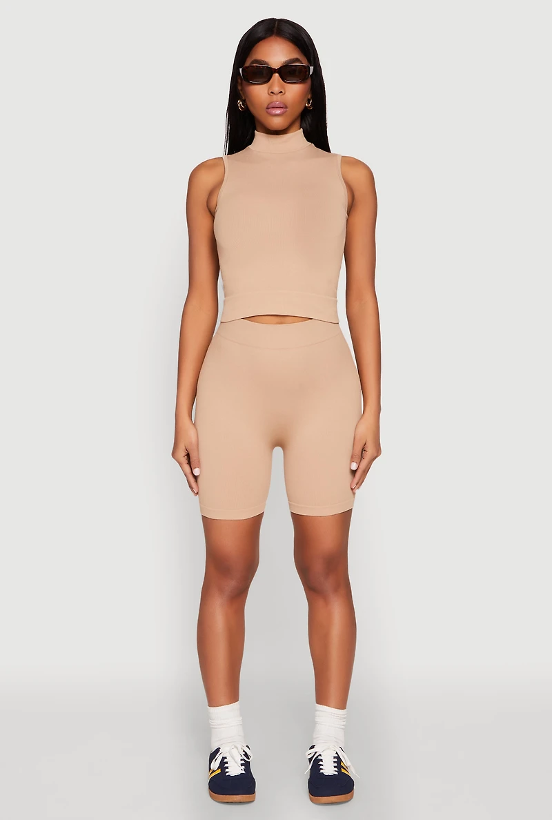 Womens Seamless Rib Knit Mock Neck Tank Top and Biker Shorts,