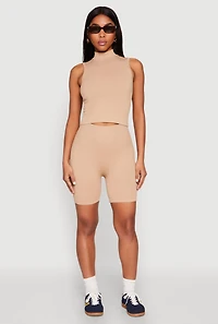 Womens Seamless Rib Knit Mock Neck Tank Top and Biker Shorts,
