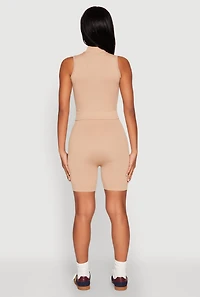 Womens Seamless Rib Knit Mock Neck Tank Top and Biker Shorts,