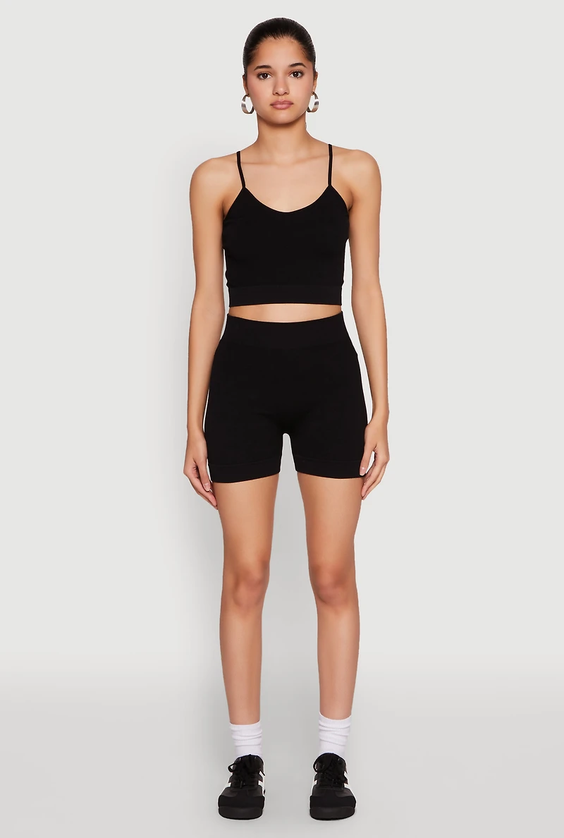 Womens Seamless Cropped Cami and Biker Shorts Set, Black, Size L