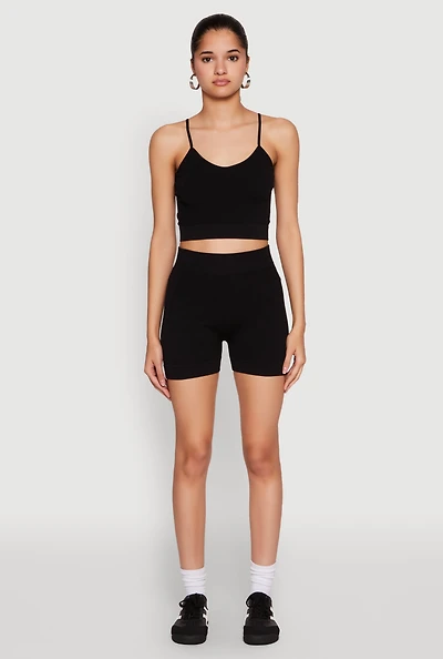 Womens Seamless Cropped Cami and Biker Shorts Set, Black, Size L