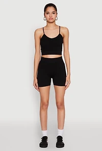 Womens Seamless Cropped Cami and Biker Shorts Set, Black, Size L