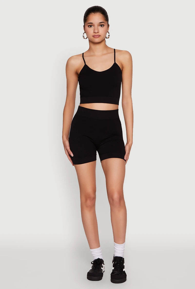 Womens Seamless Cropped Cami and Biker Shorts Set, Black, Size L