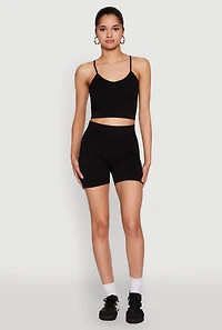 Womens Seamless Cropped Cami and Biker Shorts Set, Black, Size L