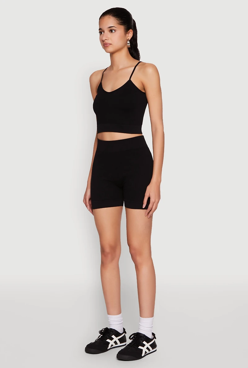 Womens Seamless Cropped Cami and Biker Shorts Set, Black, Size L
