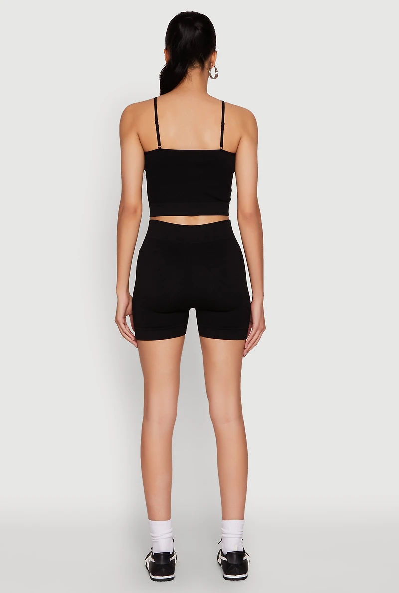 Womens Seamless Cropped Cami and Biker Shorts Set, Black, Size L