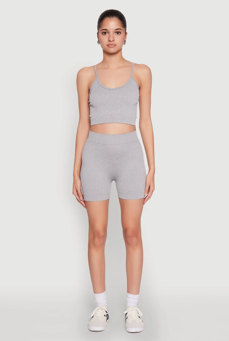 Womens Seamless Cropped Cami and Biker Shorts Set, Grey,