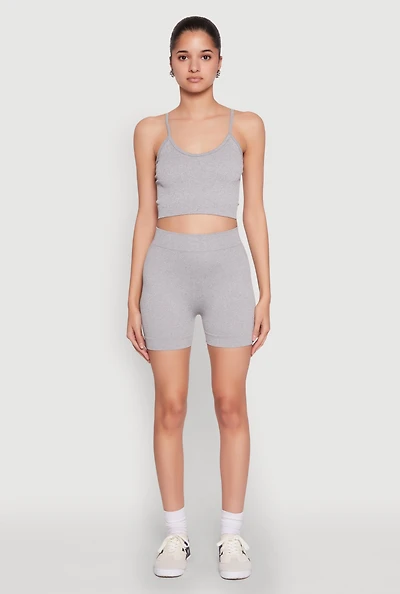 Womens Seamless Cropped Cami and Biker Shorts Set, Grey,