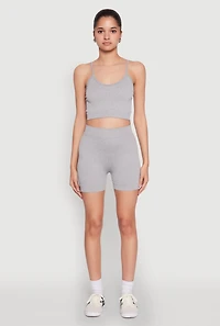 Womens Seamless Cropped Cami and Biker Shorts Set, Grey,