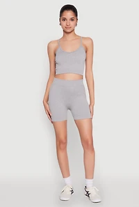Womens Seamless Cropped Cami and Biker Shorts Set, Grey,