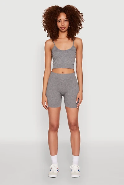Womens Seamless Cropped Cami and Biker Shorts Set, Grey, Size S