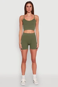 Womens Seamless Cropped Cami and Biker Shorts Set, Green, Size M