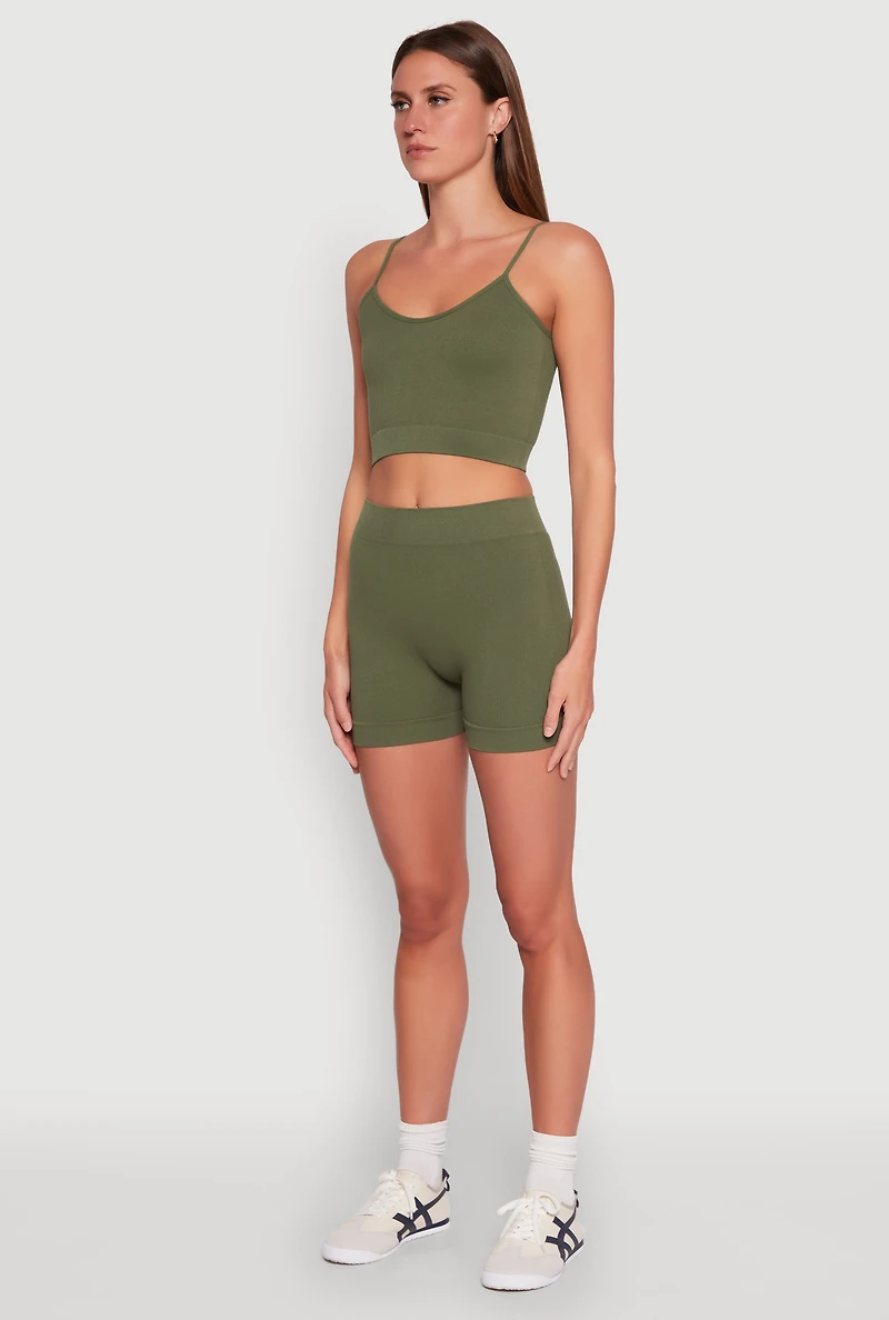 Womens Seamless Cropped Cami and Biker Shorts Set, Green, Size M