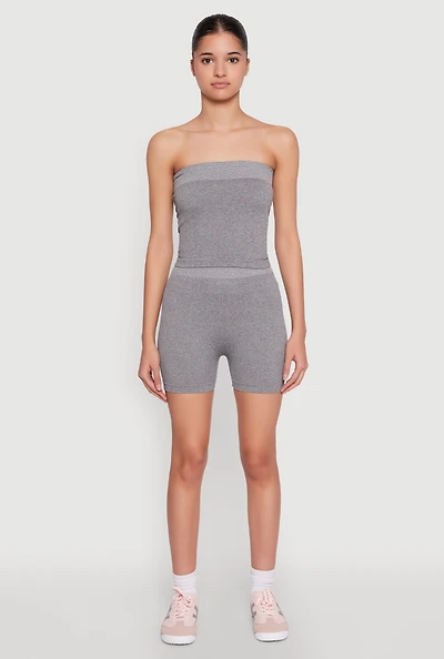 Womens Compression Rib Seamless Tube Top and Shorts,