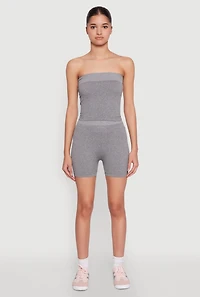 Womens Compression Rib Seamless Tube Top and Shorts, Grey, Size S