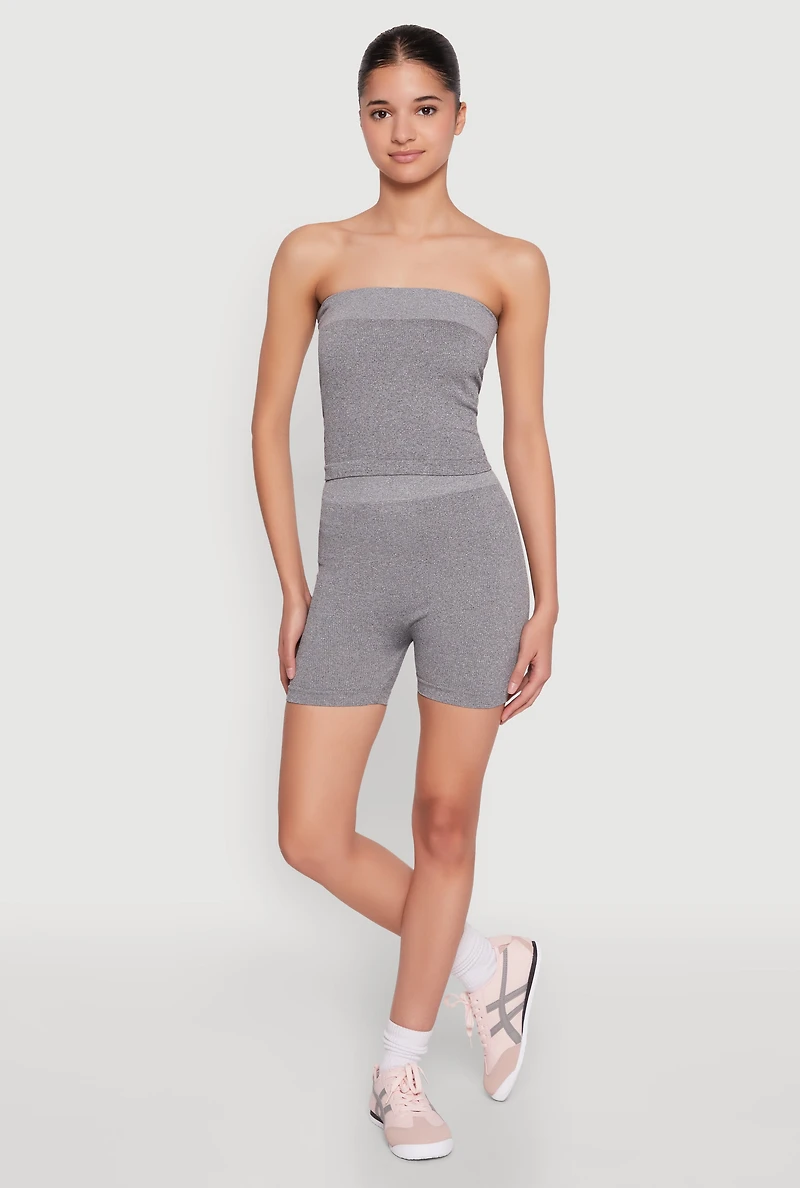 Womens Compression Rib Seamless Tube Top and Shorts, Grey, Size S