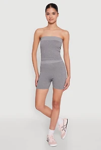 Womens Compression Rib Seamless Tube Top and Shorts, Grey, Size S