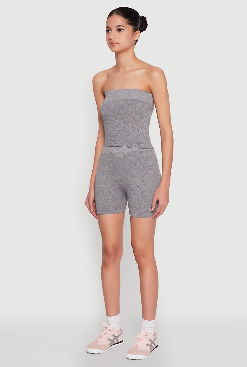Womens Compression Rib Seamless Tube Top and Shorts, Grey, Size S