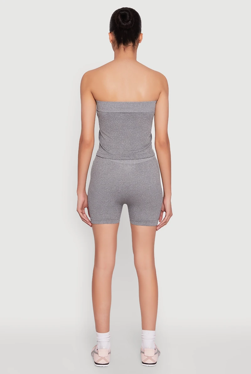 Womens Compression Rib Seamless Tube Top and Shorts, Grey, Size S