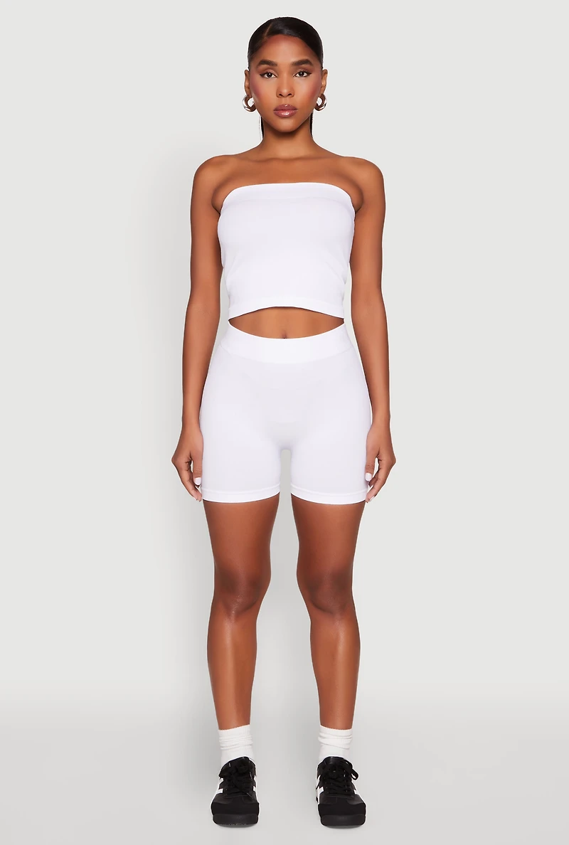 Womens Compression Rib Seamless Tube Top and Shorts, White, Size L