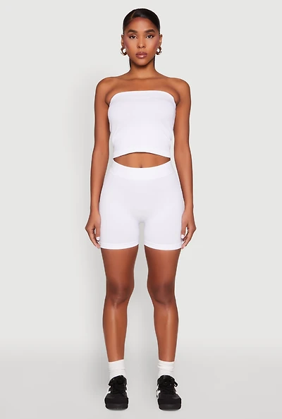 Womens Compression Rib Seamless Tube Top and Shorts, White, Size L