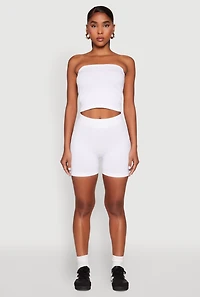 Womens Compression Rib Seamless Tube Top and Shorts, White, Size L