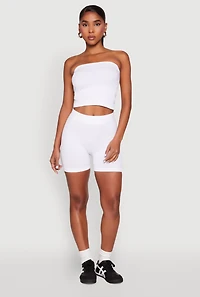 Womens Compression Rib Seamless Tube Top and Shorts, White, Size XL