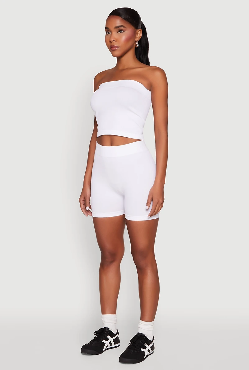 Womens Compression Rib Seamless Tube Top and Shorts, White, Size L