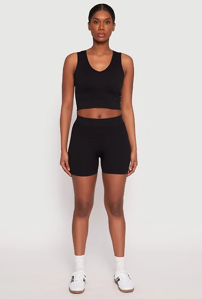 Womens Seamless V Neck Crop Top and Biker Shorts, Black, Size L