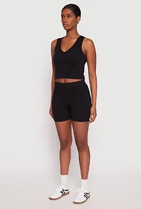Womens Seamless V Neck Crop Top and Biker Shorts, Black, Size M