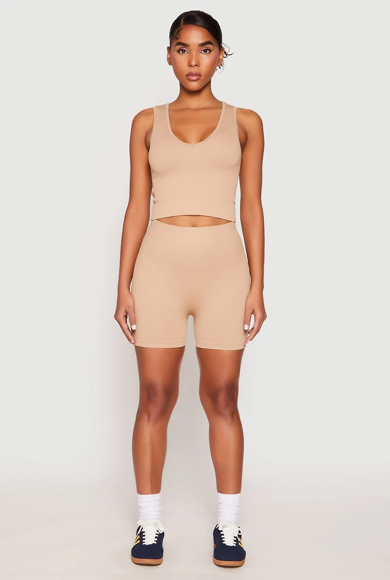 Womens Seamless V Neck Crop Top and Biker Shorts, Beige, Size S