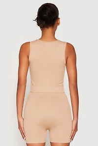Womens Seamless V Neck Crop Top and Biker Shorts, Beige, Size S