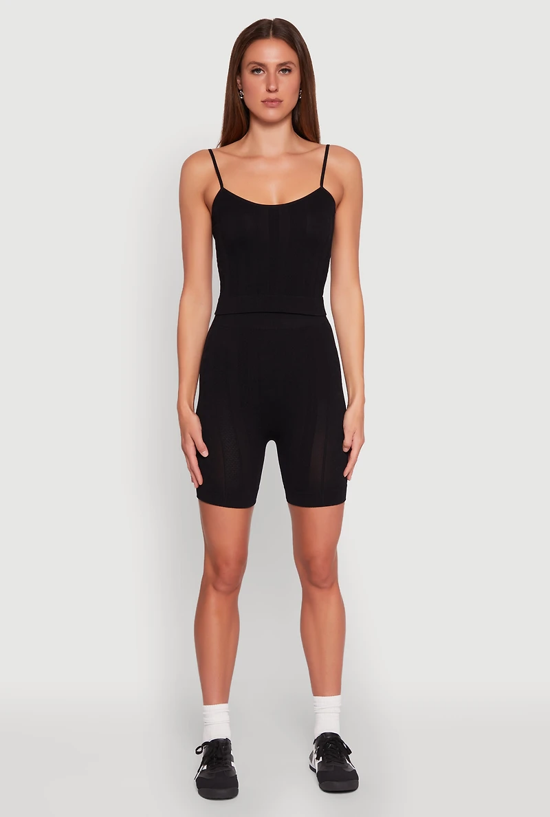 Womens Seamless Textured Knit Cropped Cami and Bike Shorts, Black, Size XL