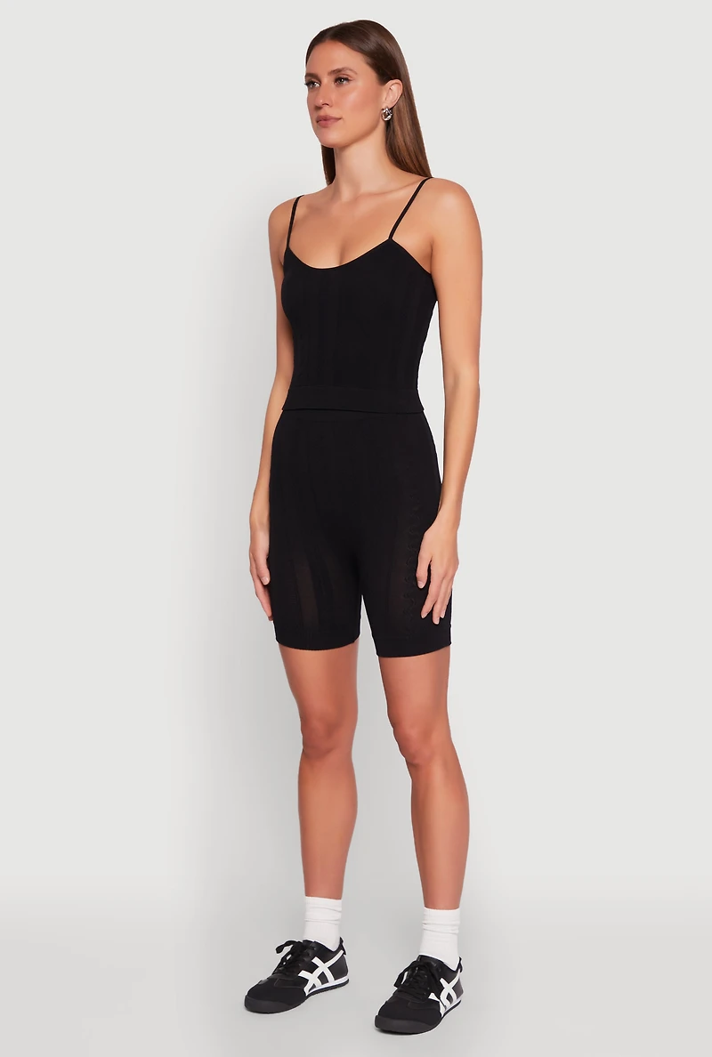 Womens Seamless Textured Knit Cropped Cami and Bike Shorts, Black, Size XL