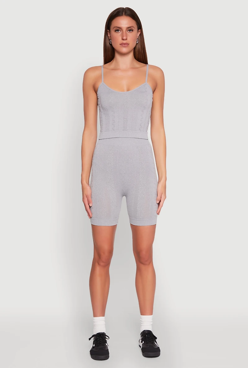 Womens Seamless Textured Knit Cropped Cami and Bike Shorts, Grey, Size L