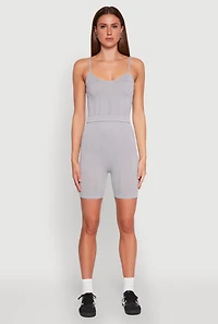 Womens Seamless Textured Knit Cropped Cami and Bike Shorts, Grey, Size L
