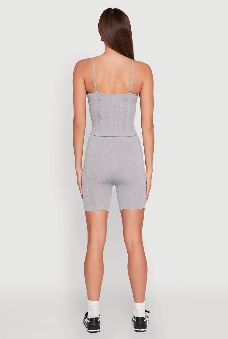 Womens Seamless Textured Knit Cropped Cami and Bike Shorts, Grey, Size L