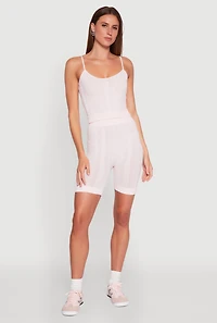 Womens Seamless Textured Knit Cropped Cami and Bike Shorts, Pink,