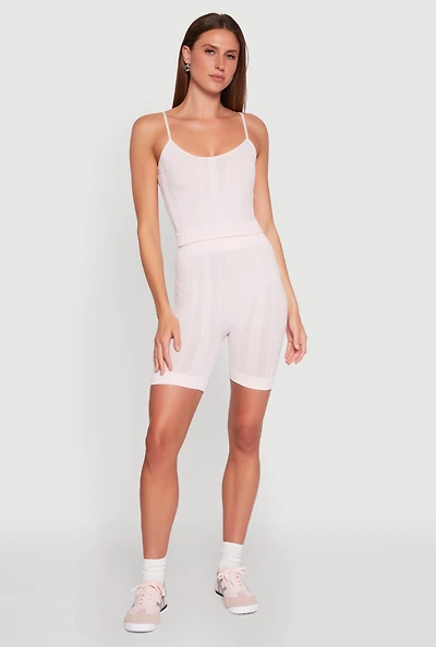 Womens Seamless Textured Knit Cropped Cami and Bike Shorts, Pink, Size L