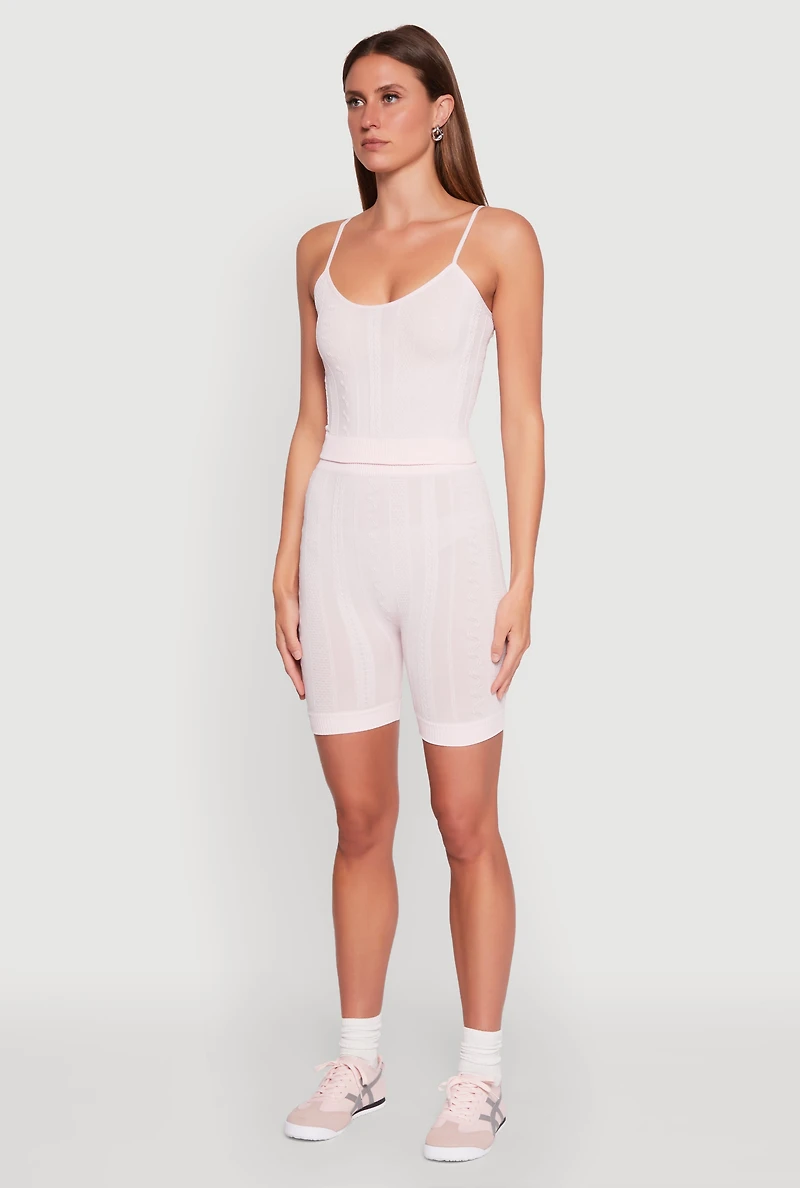 Womens Seamless Textured Knit Cropped Cami and Bike Shorts, Pink,