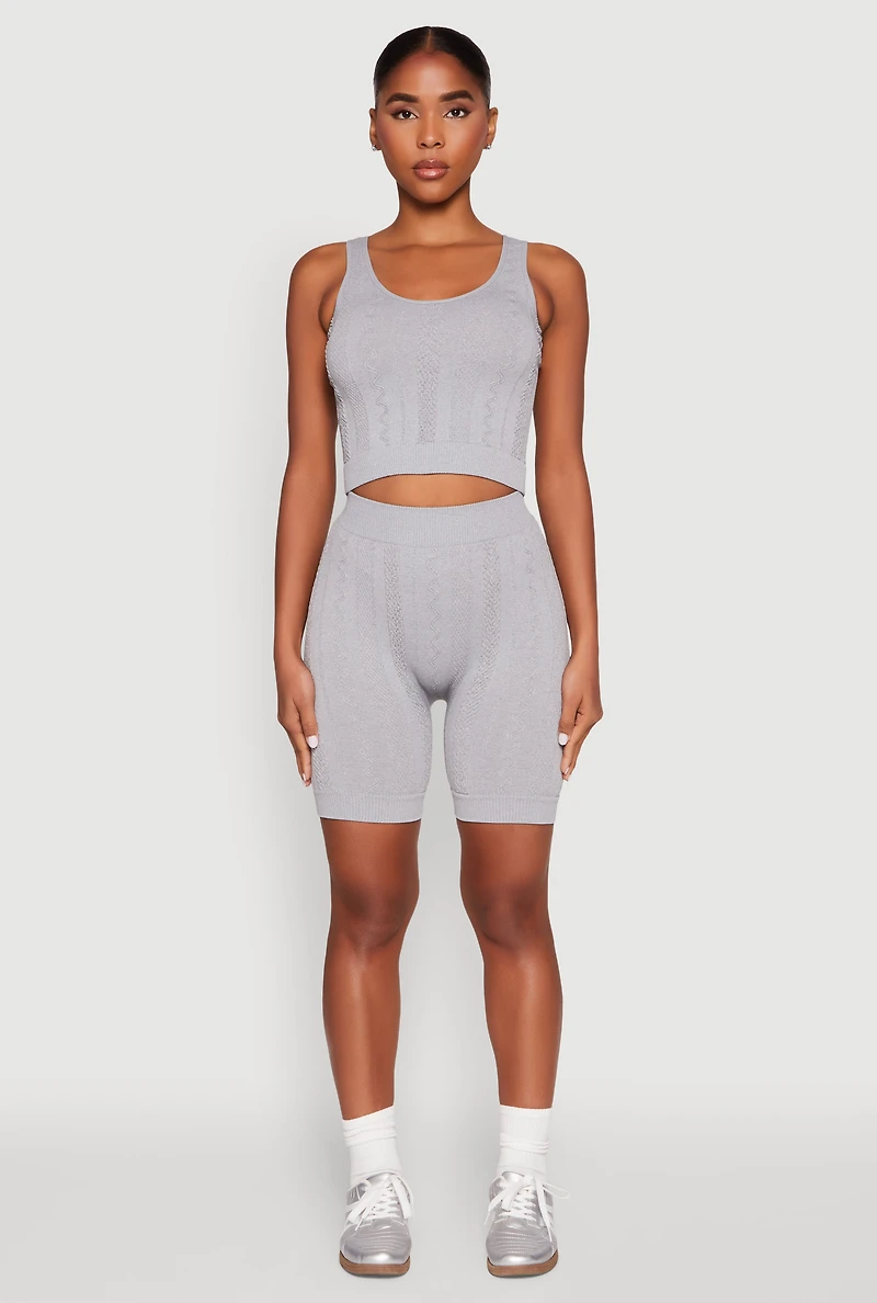 Womens Seamless Textured Knit Tank Top and Biker Shorts, Grey, Size S